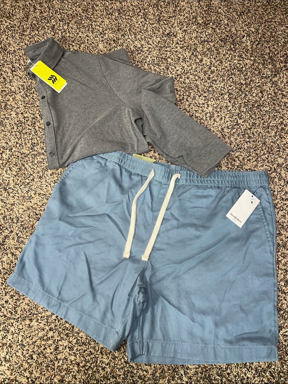 Men’s Casual Set Blue Pull On Shorts & Gray Button Down Shirt L-XL NWT
